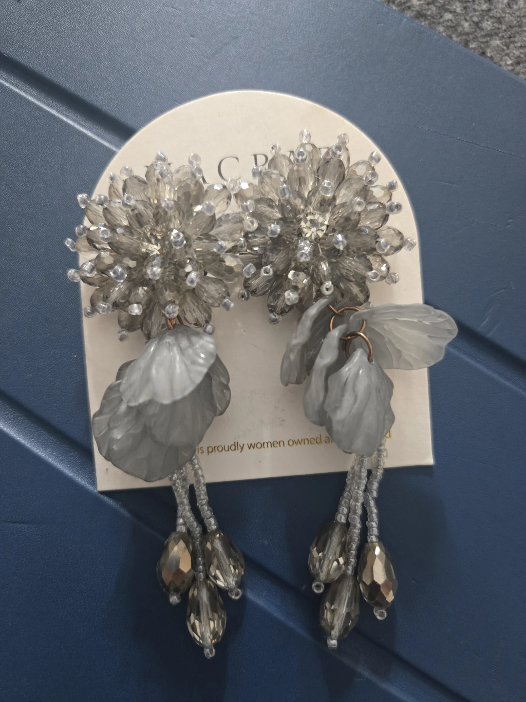Grey beaded floral statement earrings
