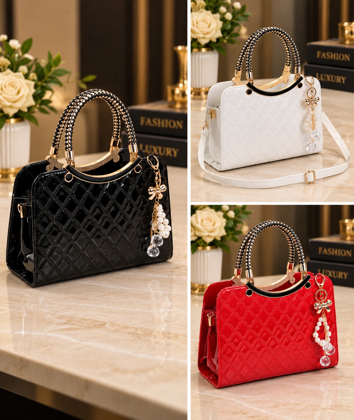Black Quilted Patent Leather Handbag