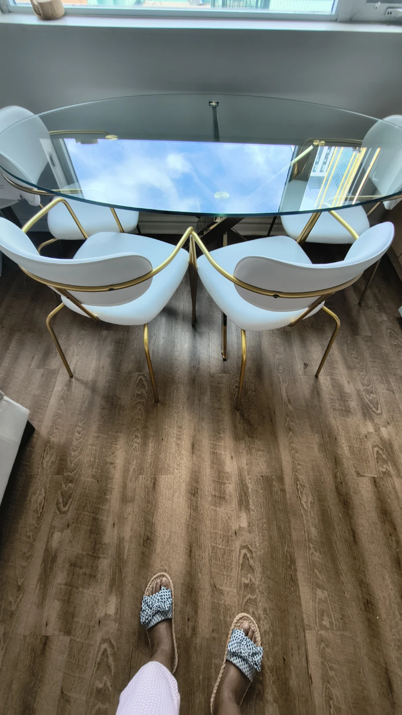 Modern Glass Top Dining Table with 4 Chairs (Gold Base)