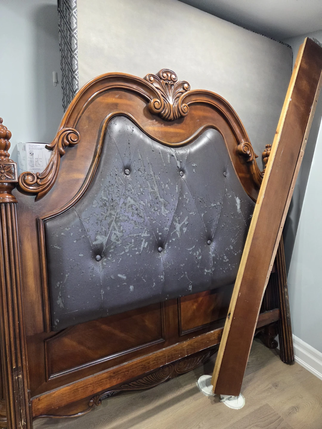 Traditional Wood and Faux Leather Queen Bed Frame