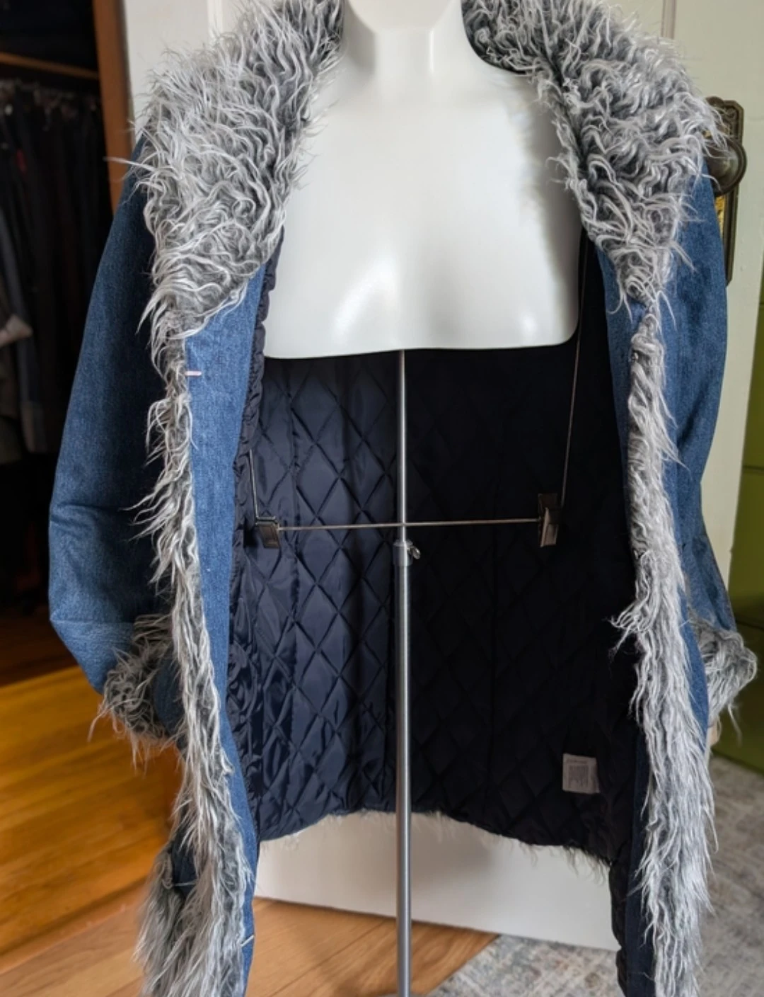 Blue Denim Coat with Grey Faux Fur Trim - photo 5