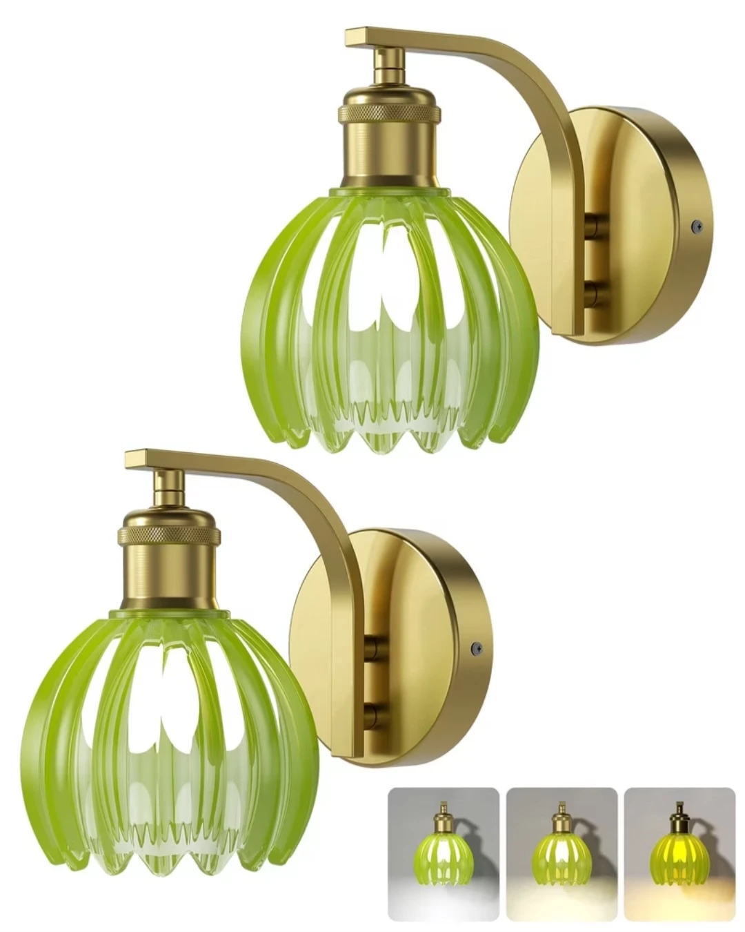 Set of 2 Green Glass Wall Sconces with Brass Finish