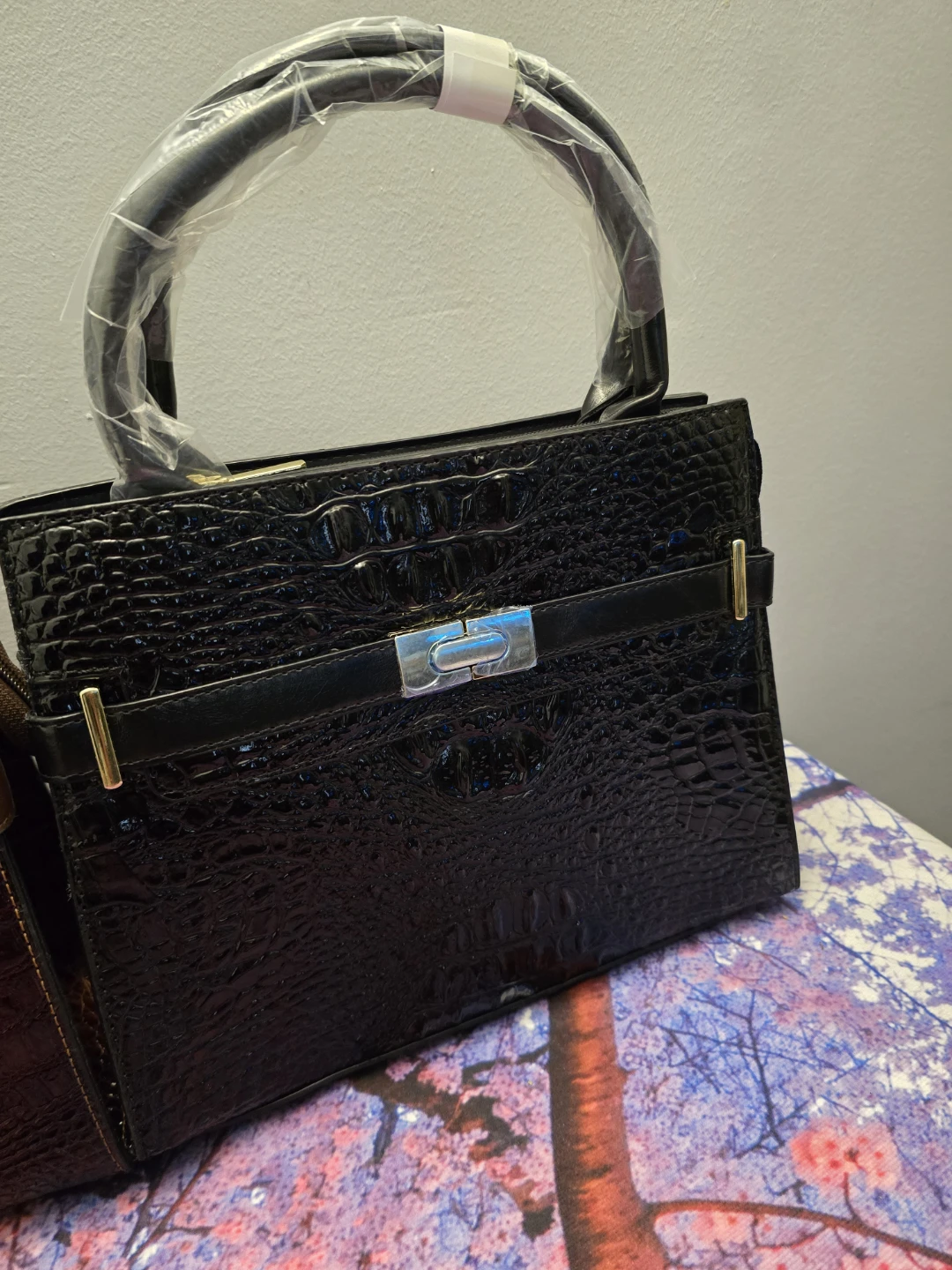 Black Crocodile Embossed Leather Handbag