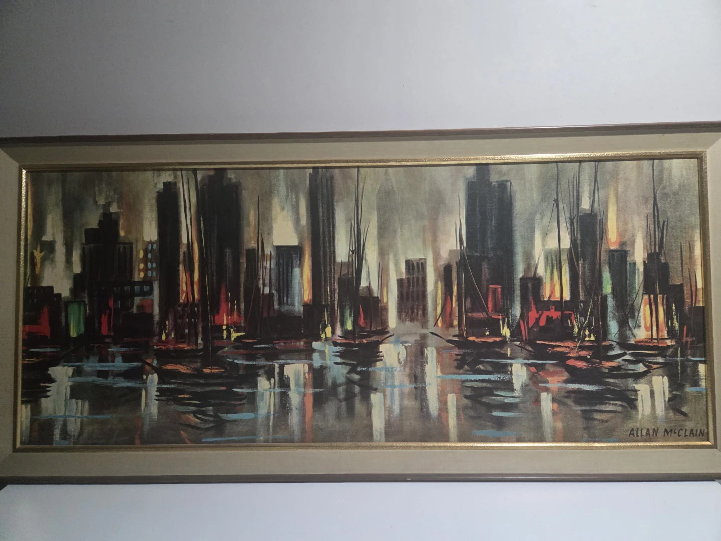 Allan McClain framed harbour cityscape painting