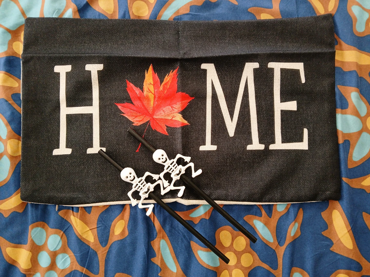 HOME Fall Pillow Cover with Skeleton Straws