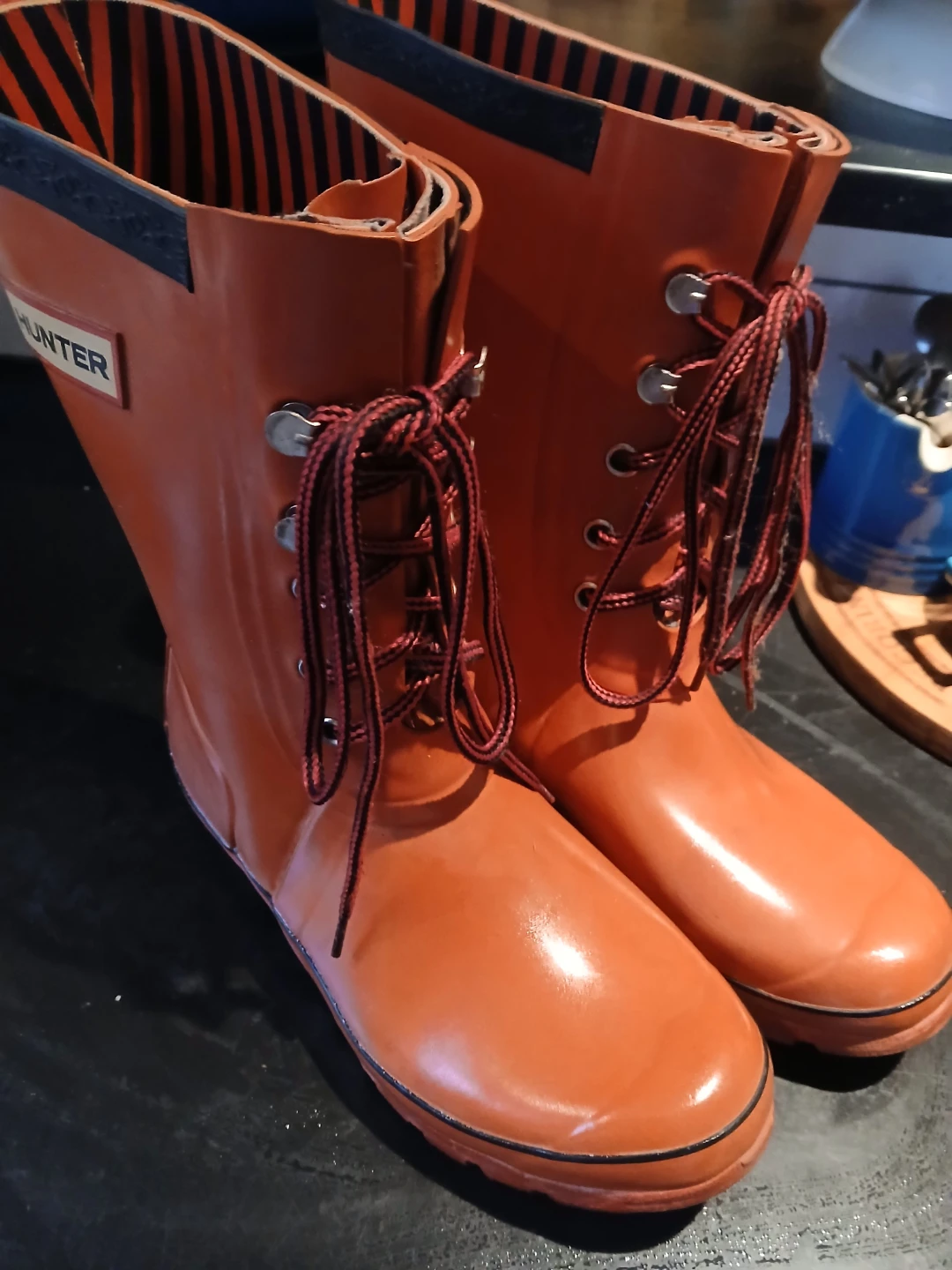 Size 38 Hunter Orange Lace-Up Rubber Boots