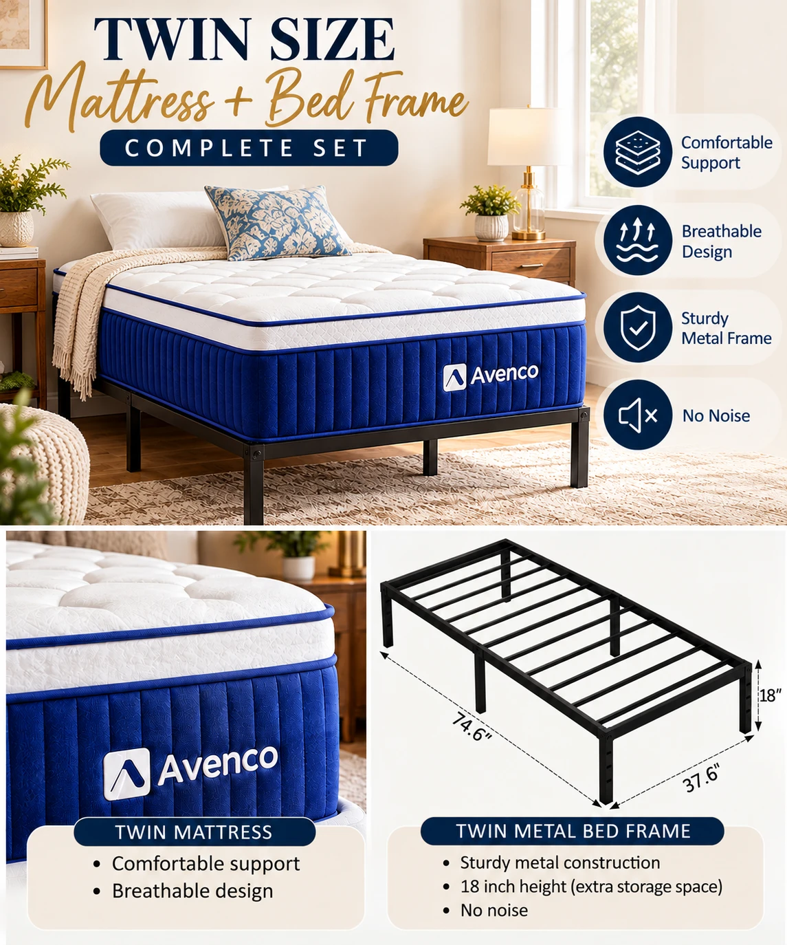 Avenco Twin Size Mattress and Metal Bed Frame Set