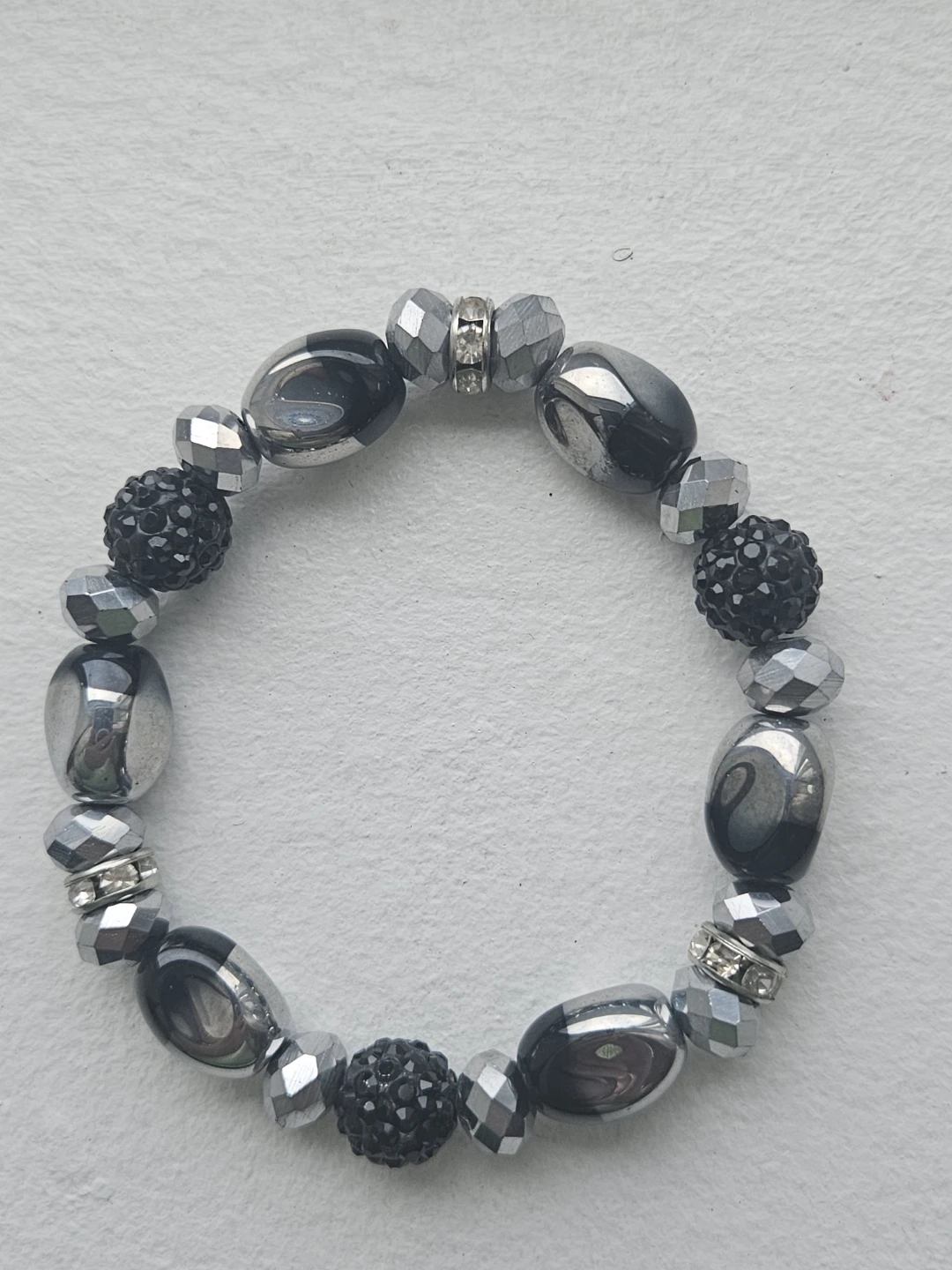 Black and Silver Beaded Elastic Bracelet
