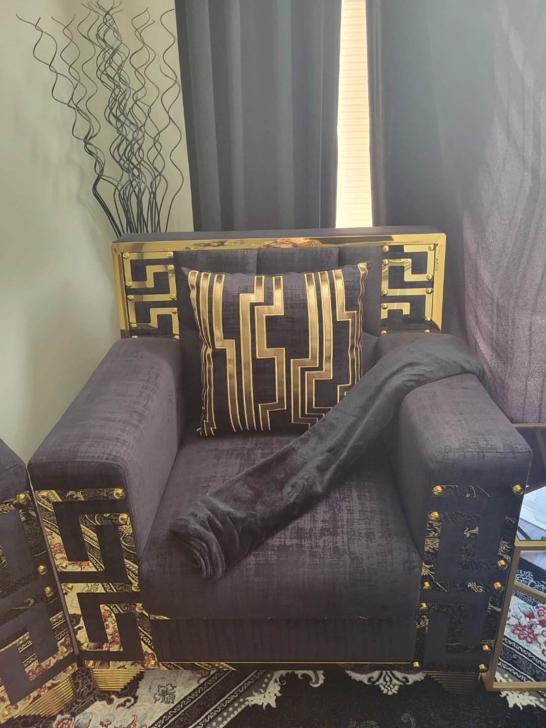 Luxury Black Velvet Loveseat with Gold Accents - photo 4