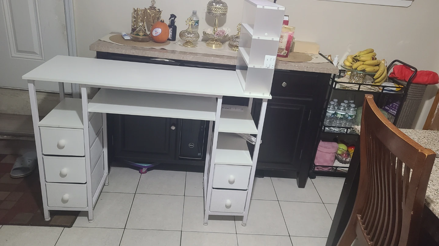 White Computer Desk with Shelving and Drawers
