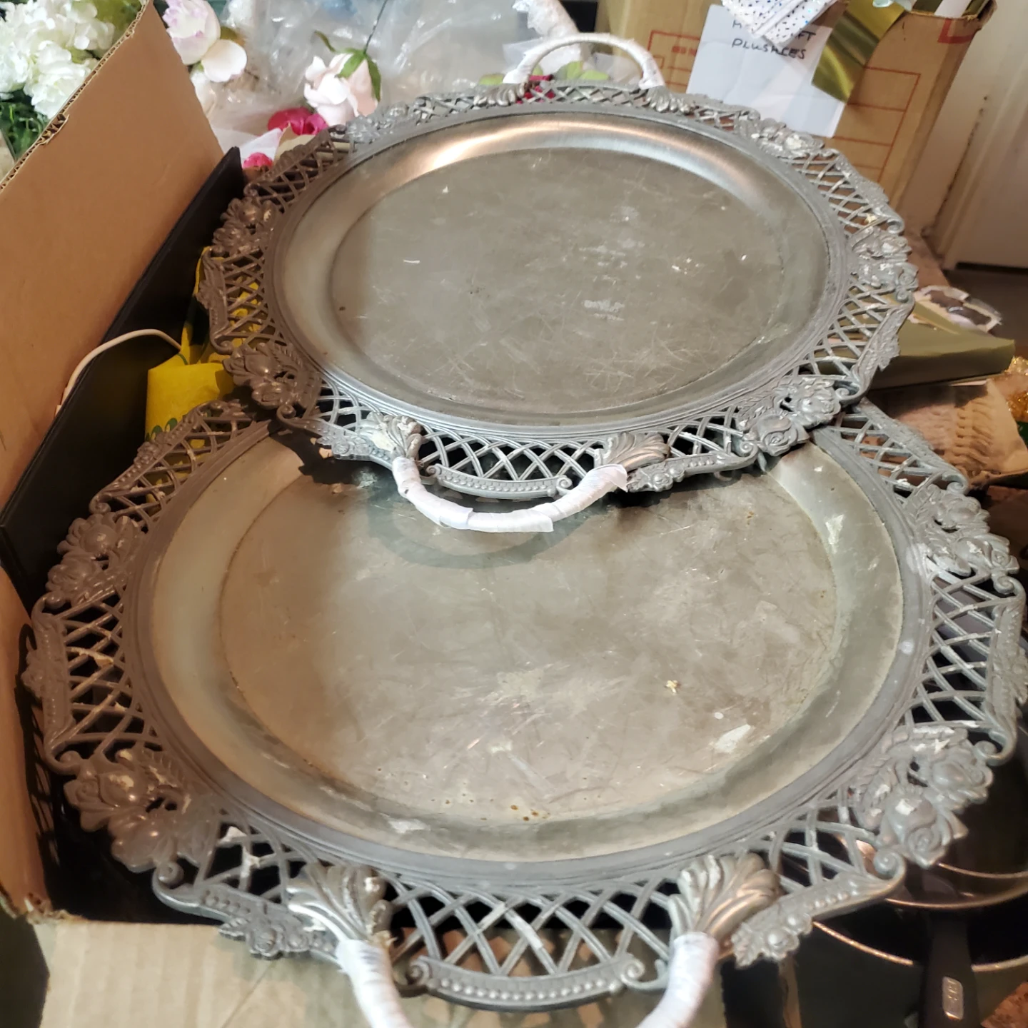 Set of Two Vintage Ornate Serving Trays