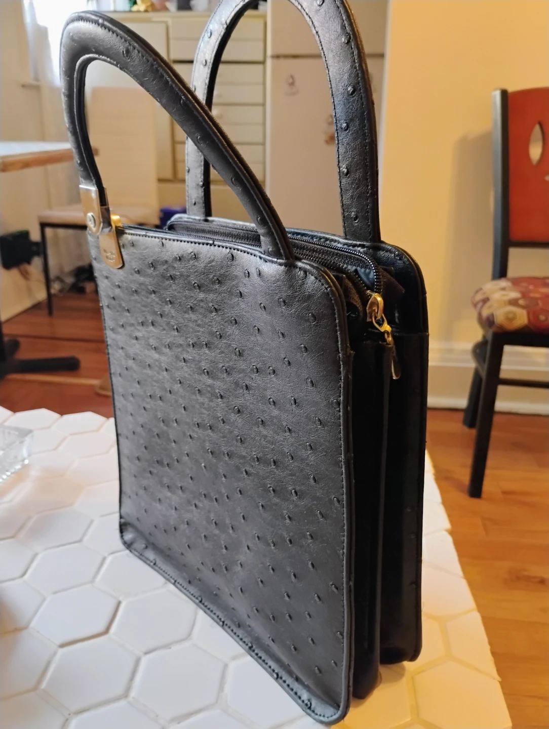 Milano Moda Black Ostrich-Embossed Handbag - photo 2
