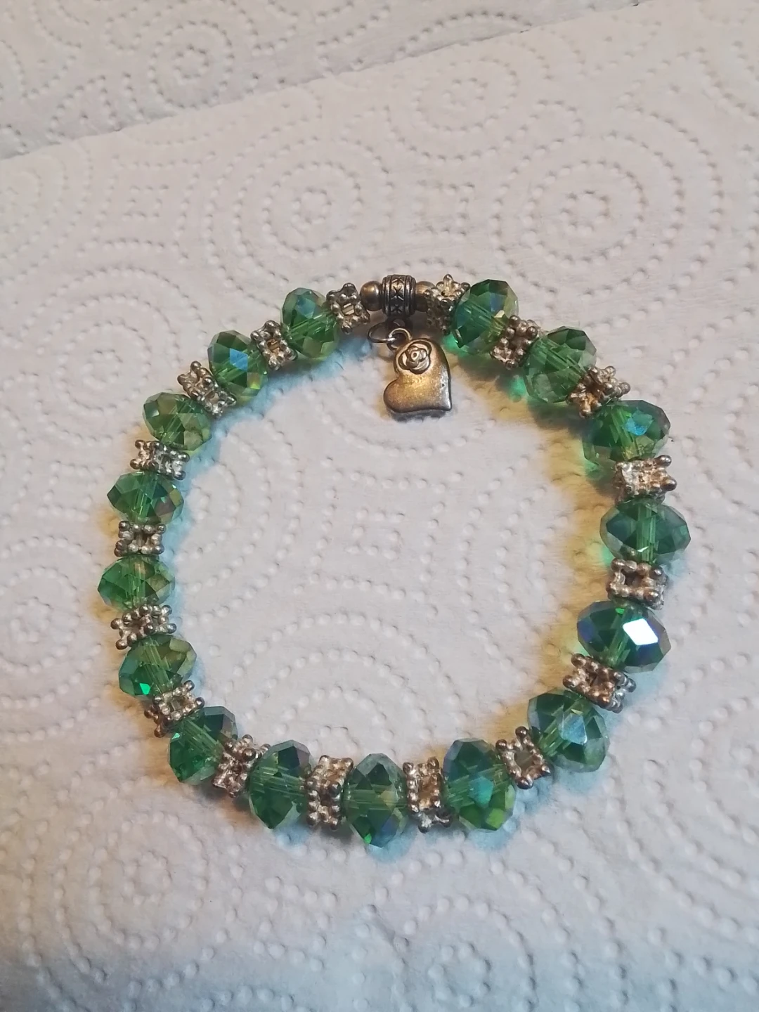Green Crystal Beaded Bracelet with Heart Charm