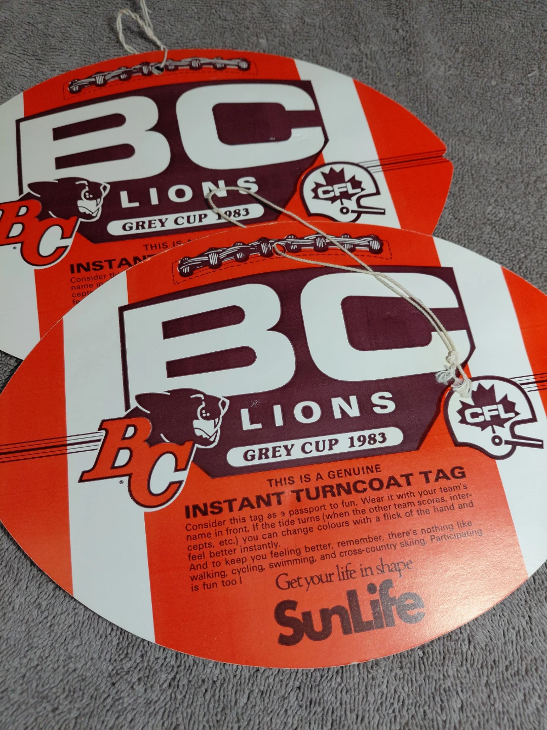 Vintage 1983 CFL SunLife Instant Turncoat Tags - photo 3