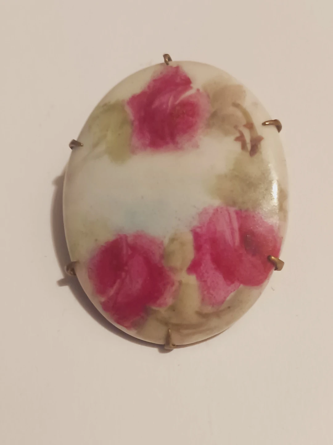 Old Vintage Handpainted Pink Roses Porcelain Brooch - photo 4