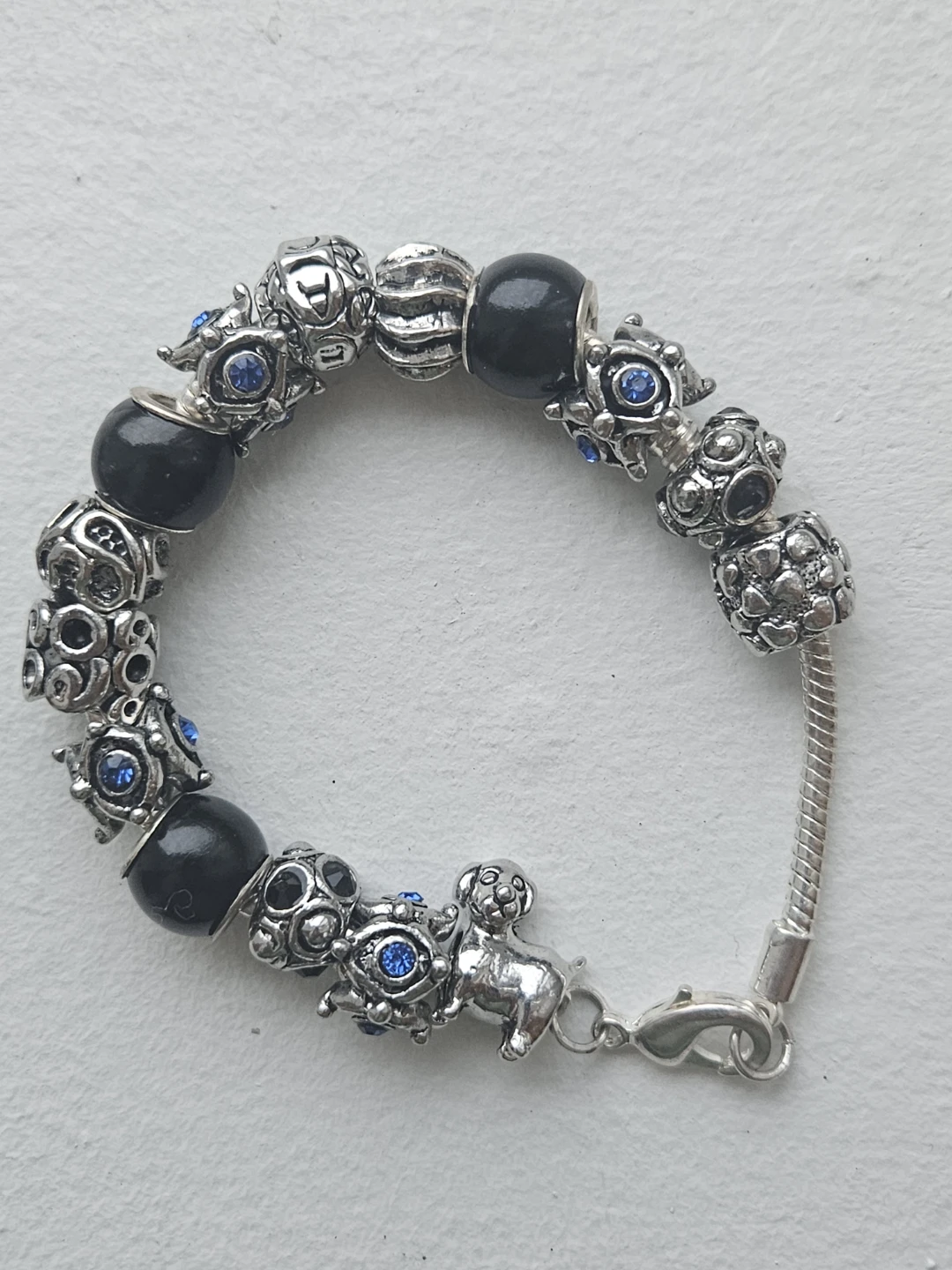 Pandora charm bracelet with blue stone charms