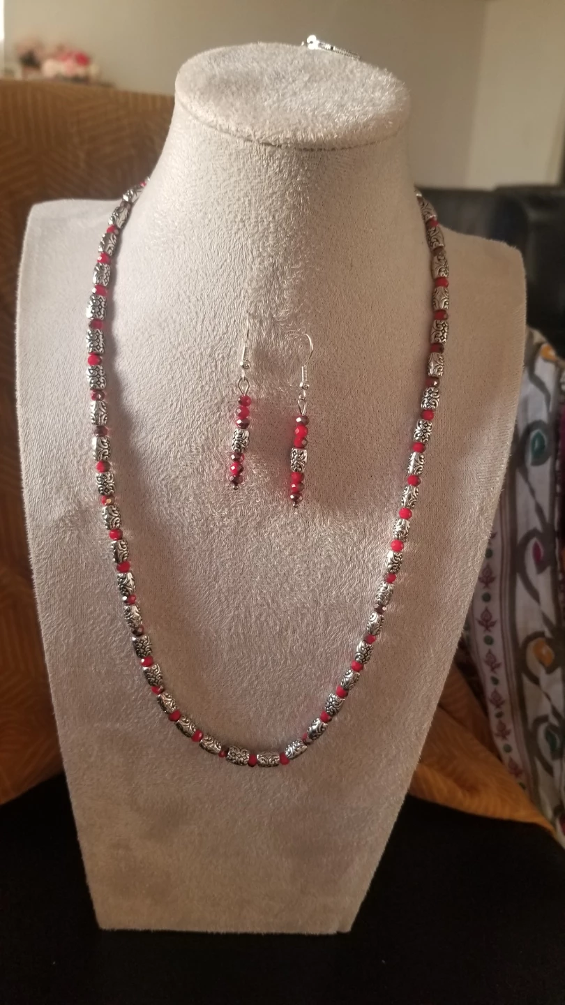 Red and Silver Beaded Necklace and Earring Set - photo 3