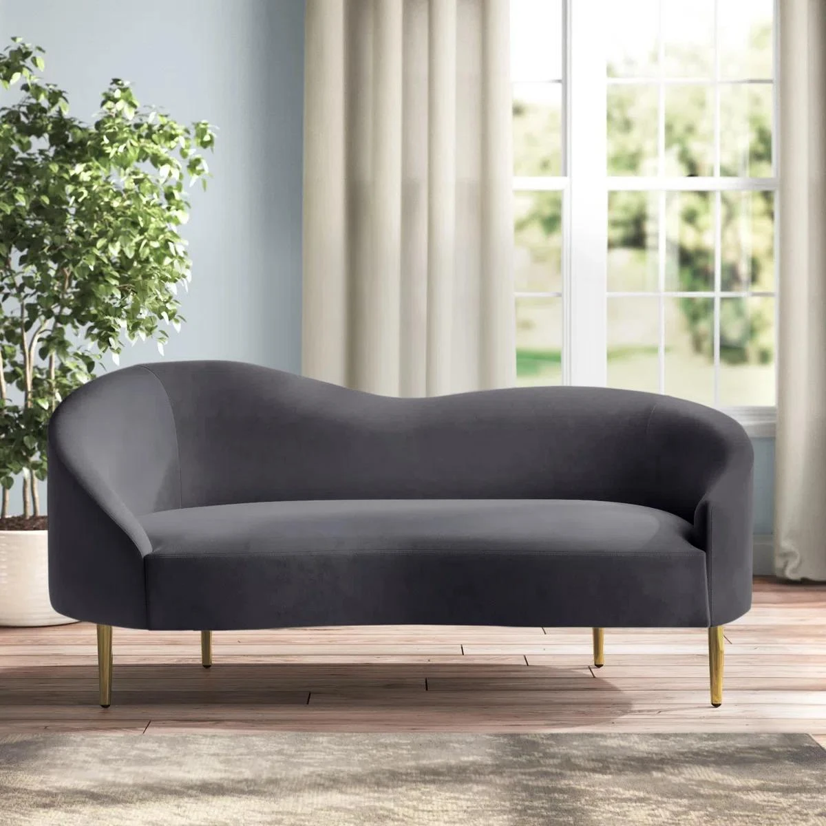 Grey Velvet Curved Loveseat – Excellent Condition - photo 5