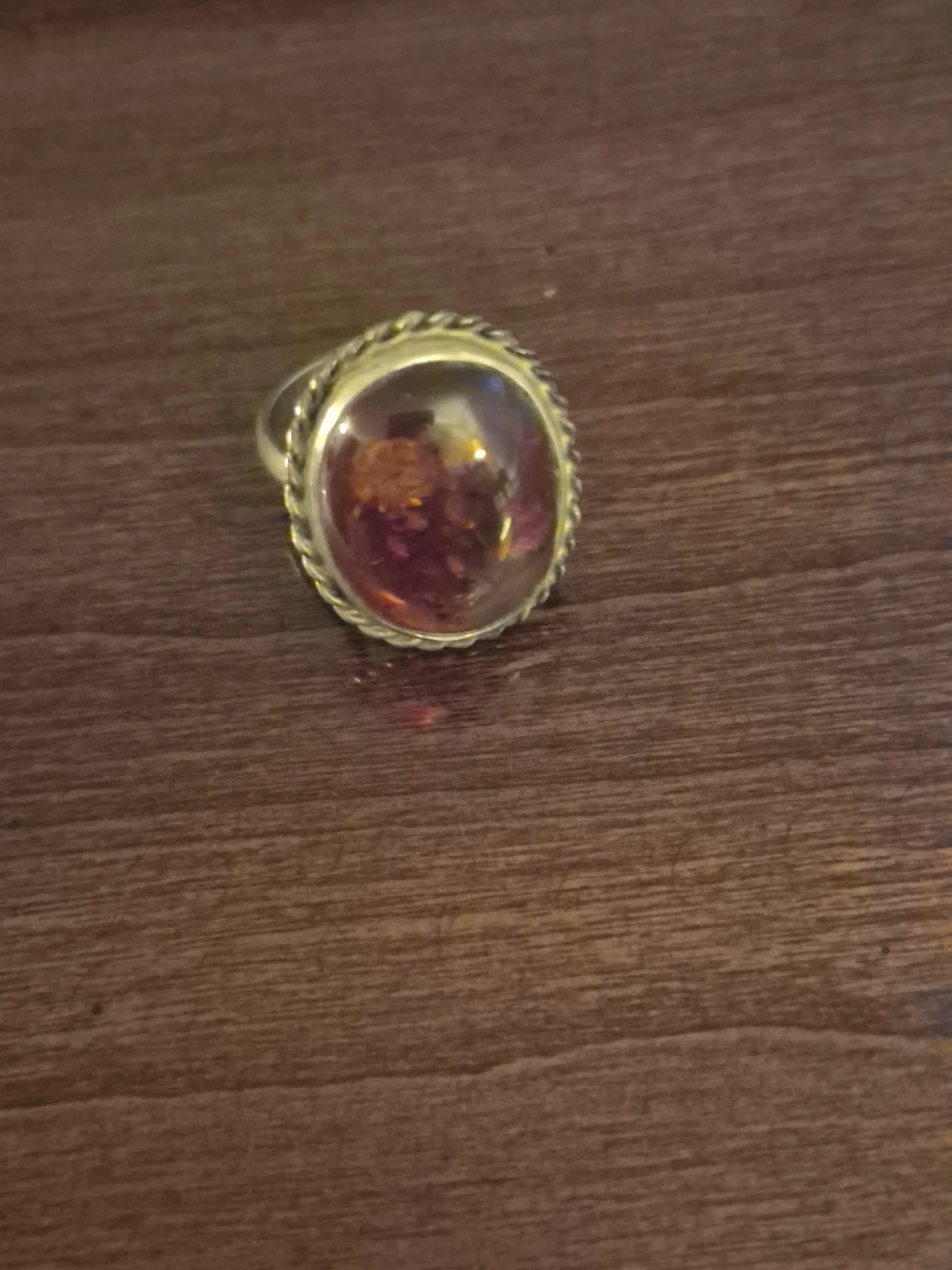 Amber and silver tone ring