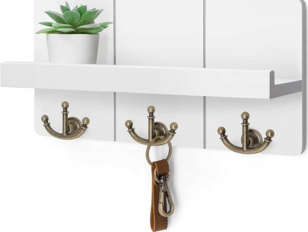 White Wall-Mounted Wood Shelf with Three Hooks