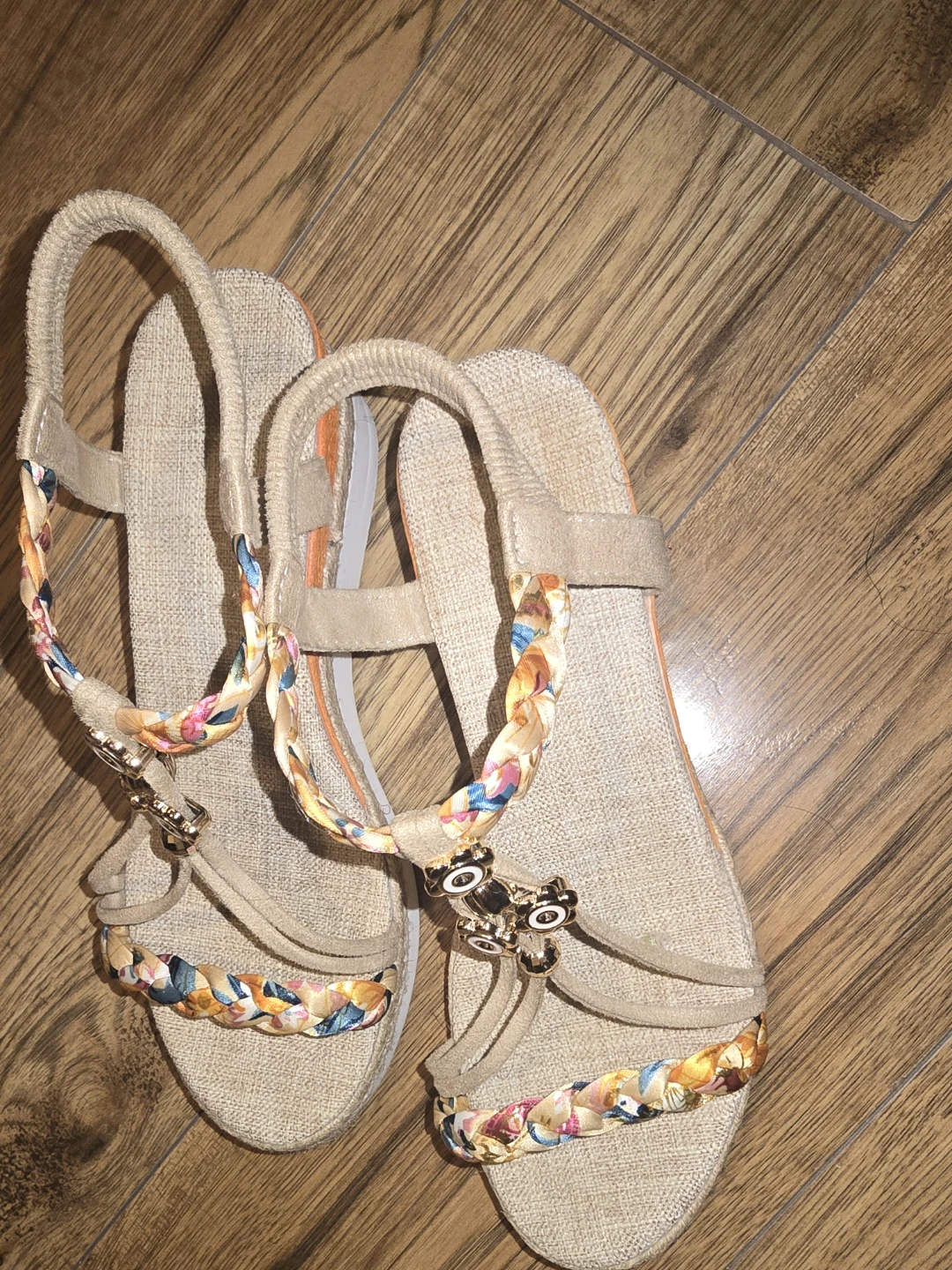 Women's Beige Floral Braided Strap Sandals