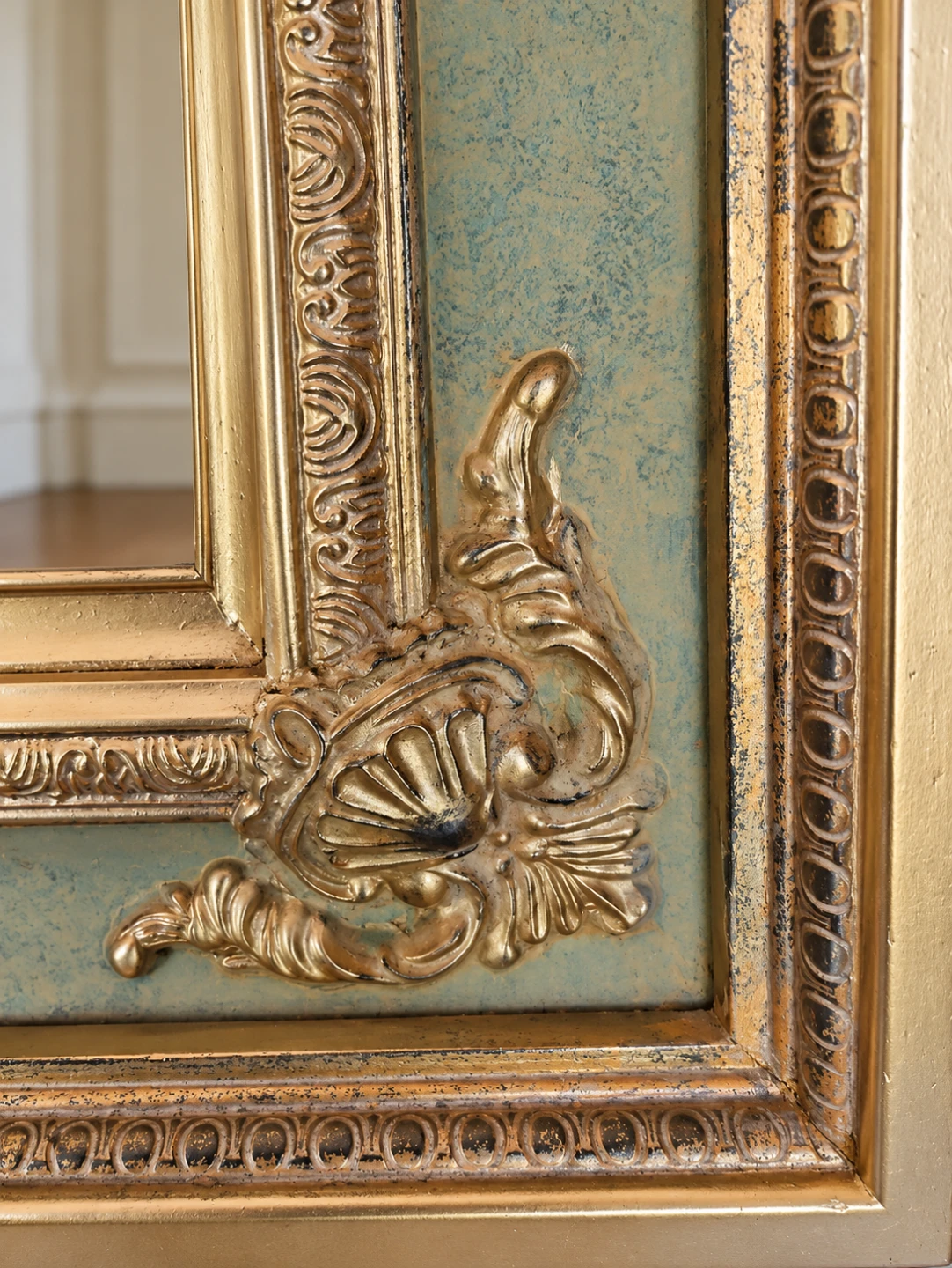 Vintage 30s Ornate Gold and Sage Green Wall Mirror - photo 4