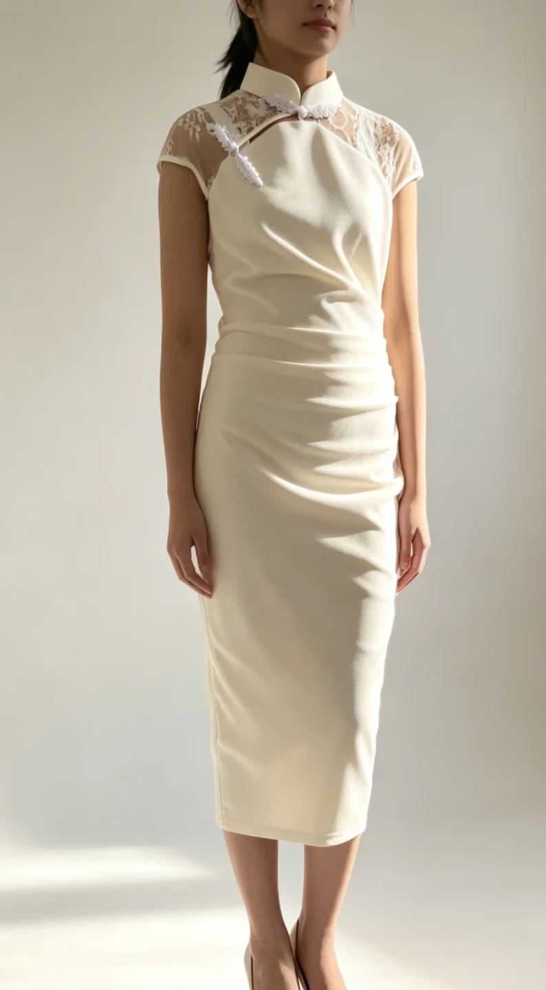 White Cheongsam Style Midi Dress