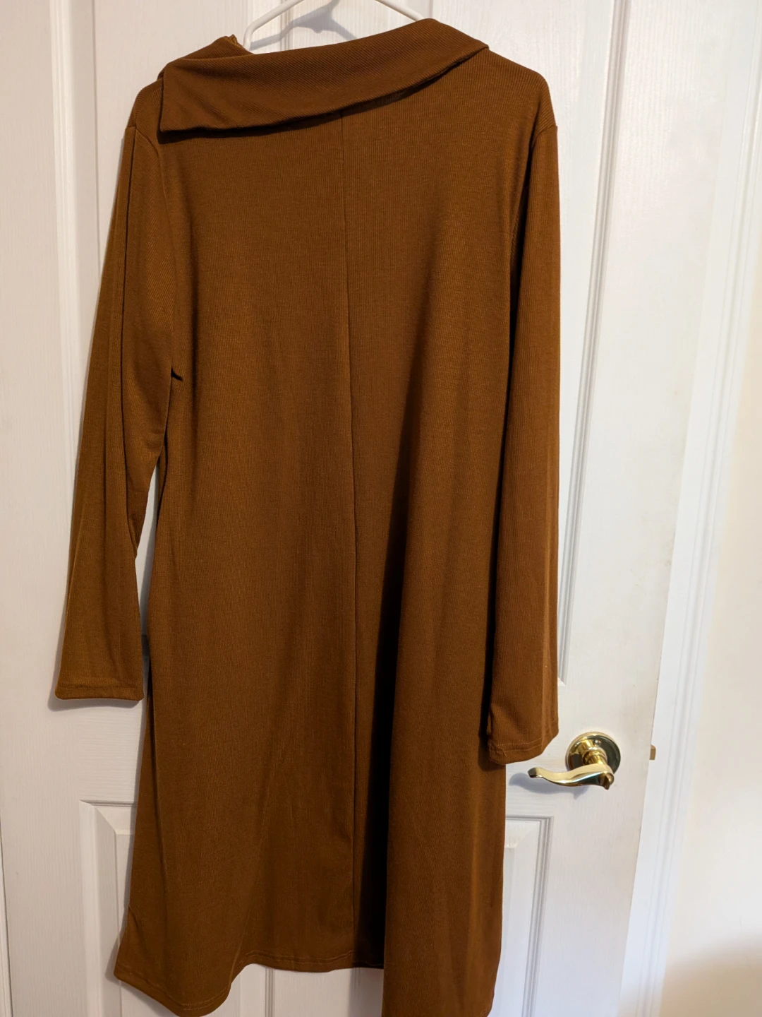 Brown Ribbed Cowl Neck Long Sleeve Dress