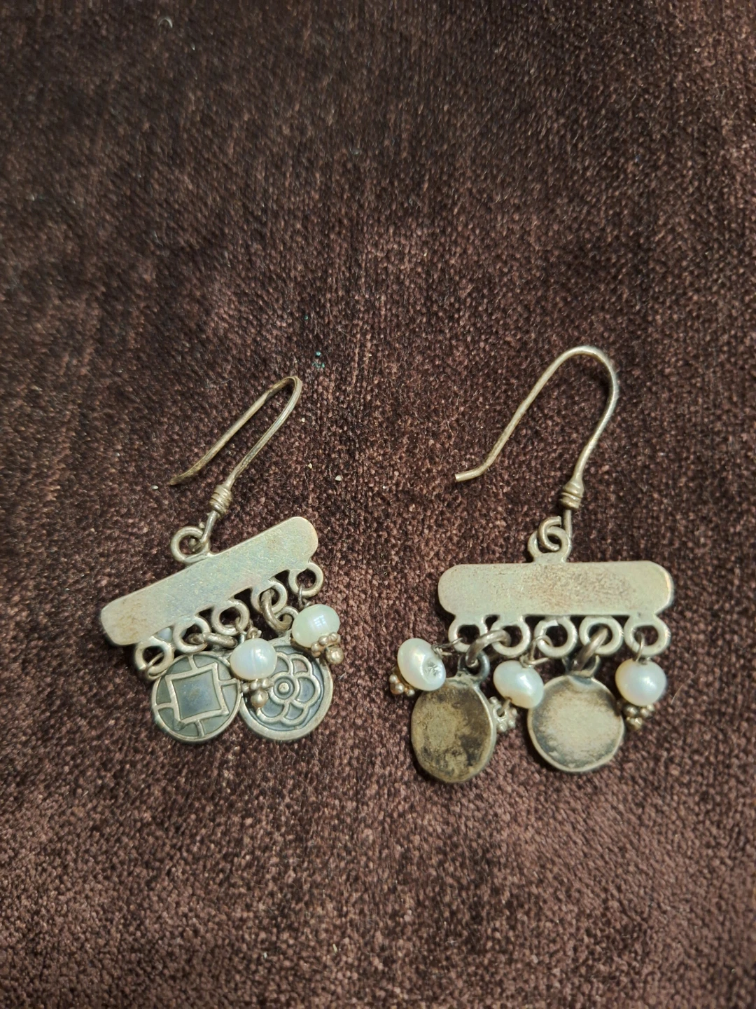 Vintage Style Silver Tone Charm Earrings with Pearls