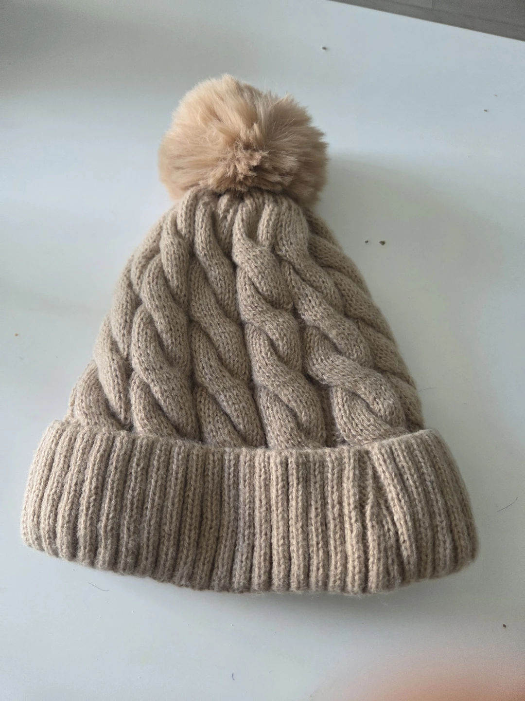 Beige Cable Knit Pom Pom Toque - photo 2