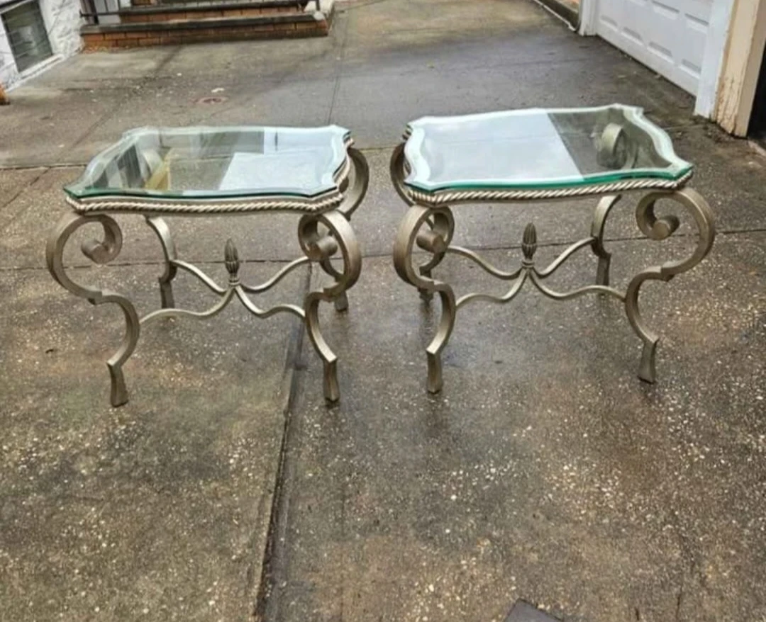 Beautiful iron glasstop coffee table and 2 end tables