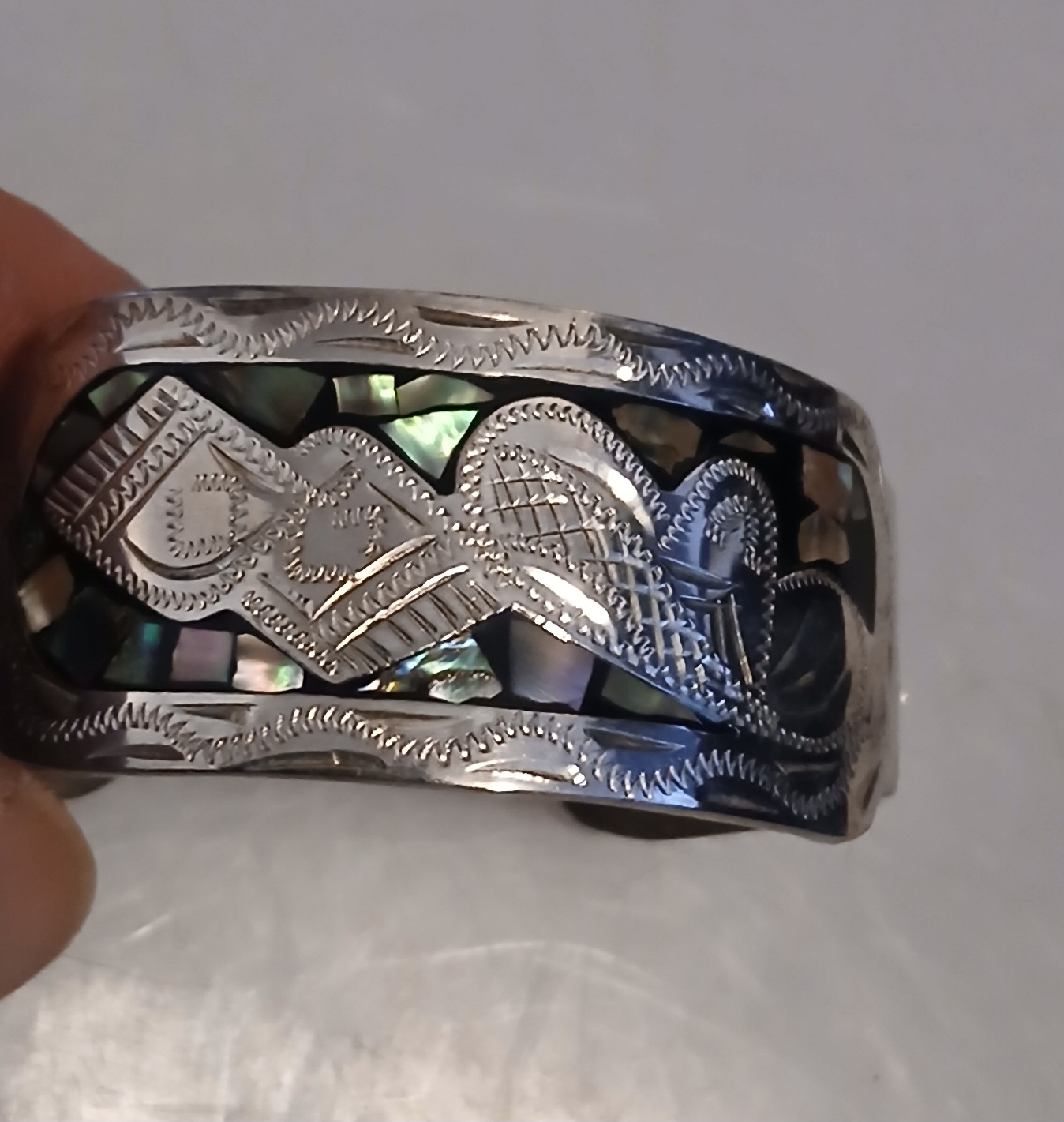 Engraved Silver Cuff Bracelet with Inlay $235