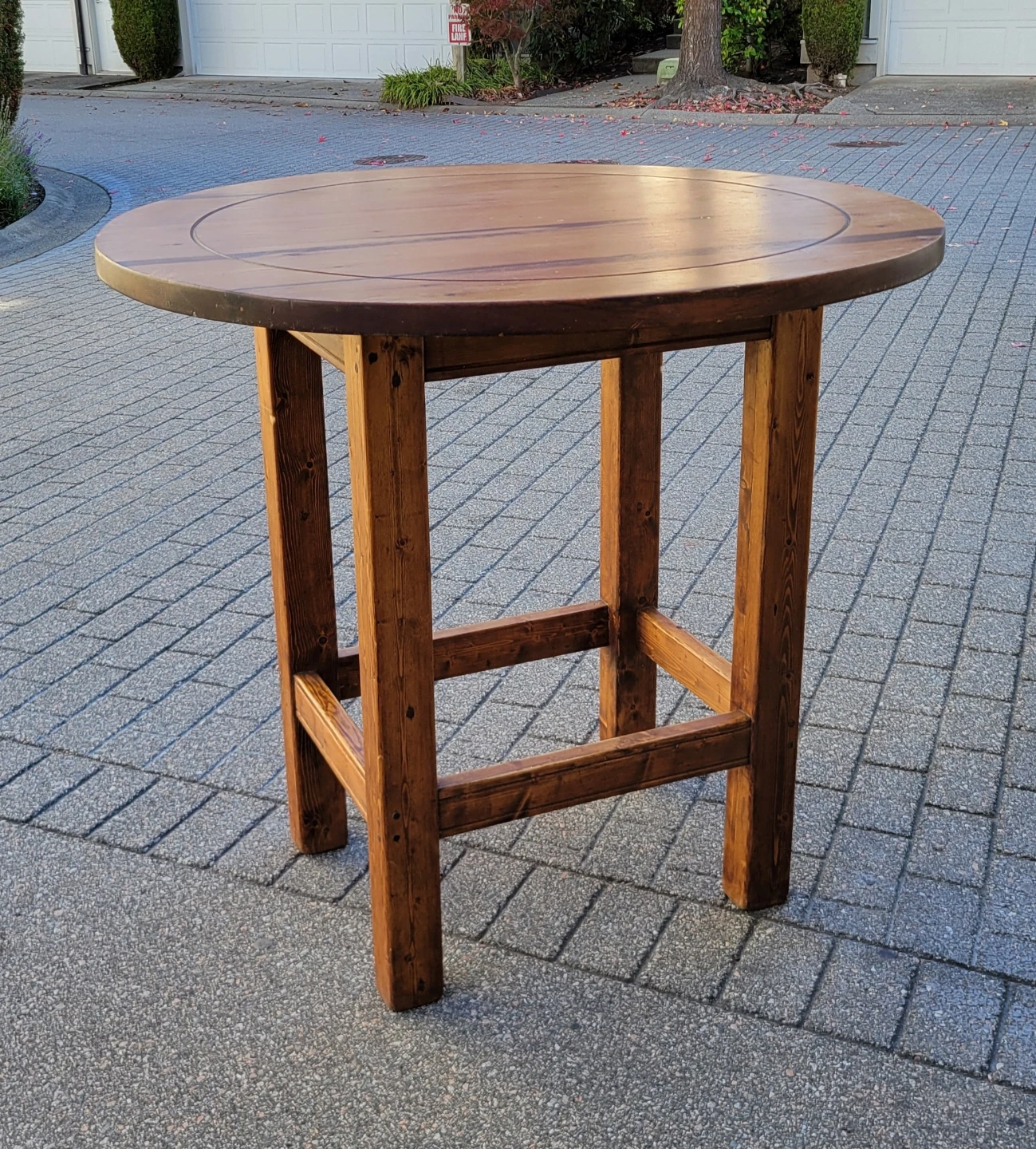 Beautiful Custom-Made Stained Wood Pub Table. 45" Diameter.