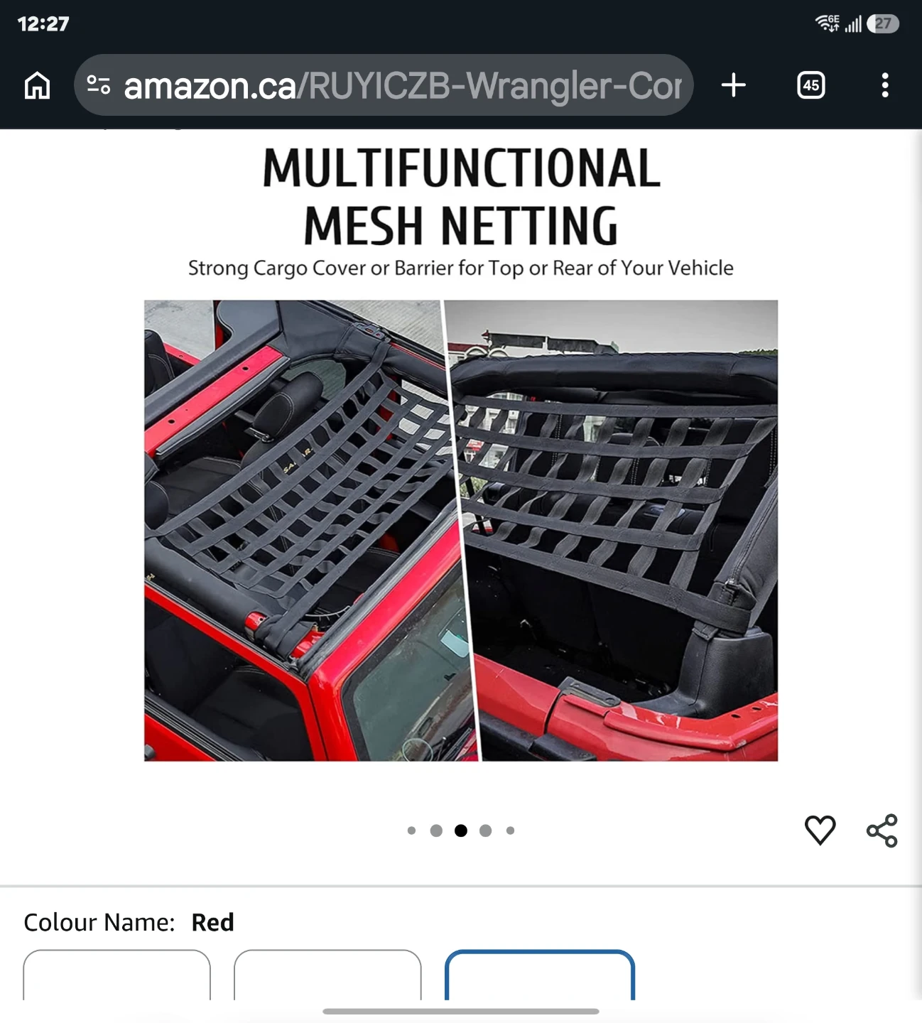Jeep Wrangler Heavy-Duty Red Cargo / Roll Bar Net 🔥