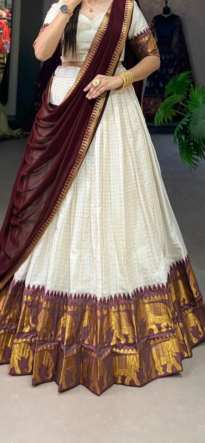 Cream and Maroon Elephant Print Lehenga Set