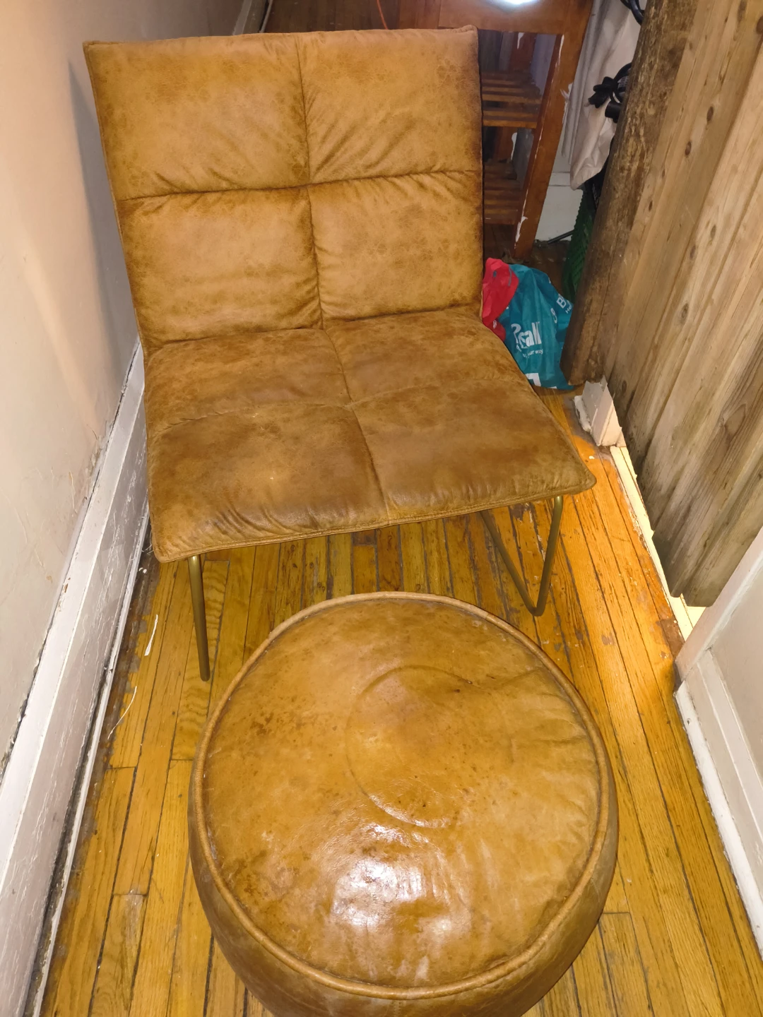 Tan Faux Leather Accent Chair and Pouf Set