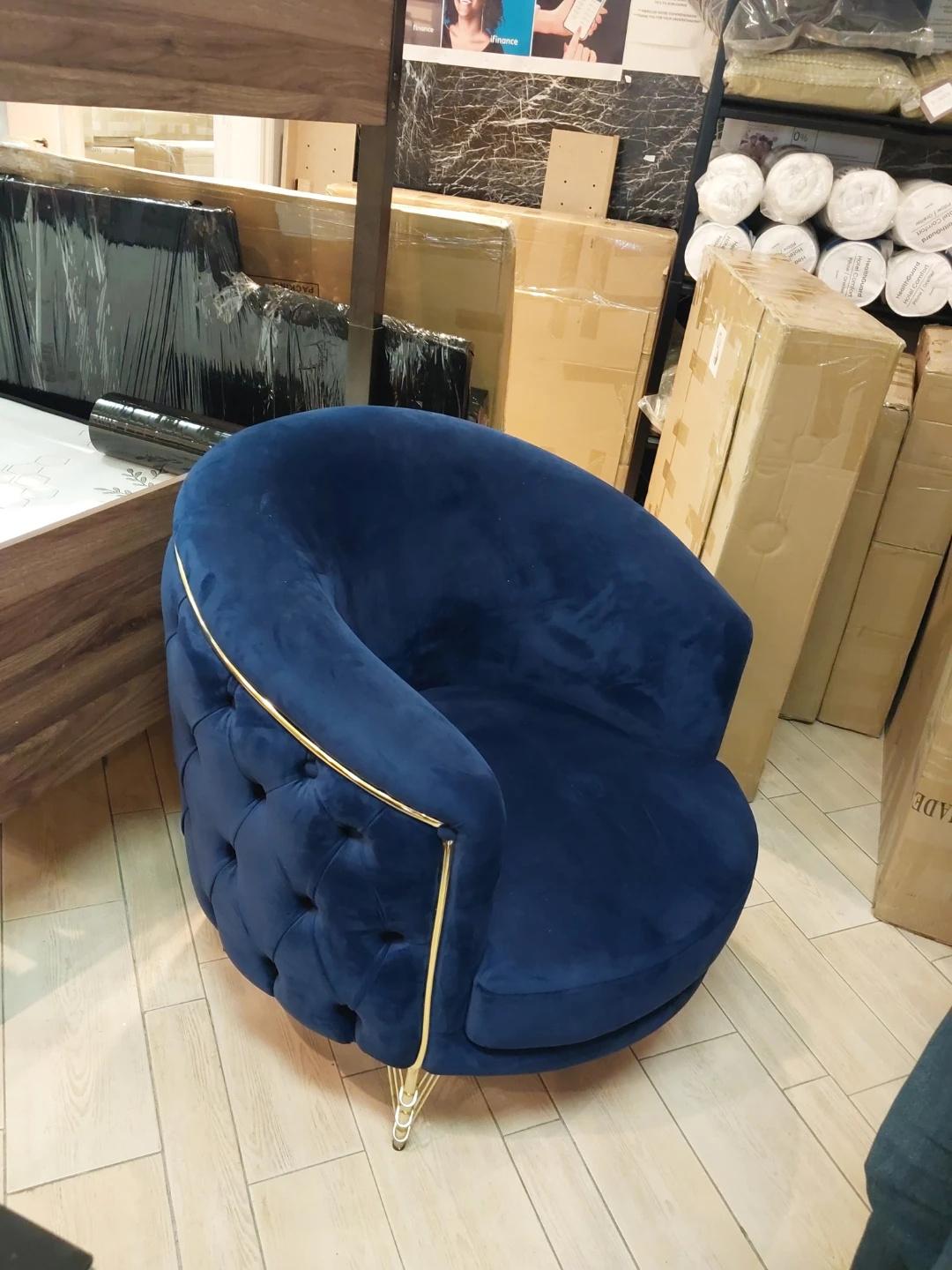 Blue Velvet Accent Chair with Gold Accents