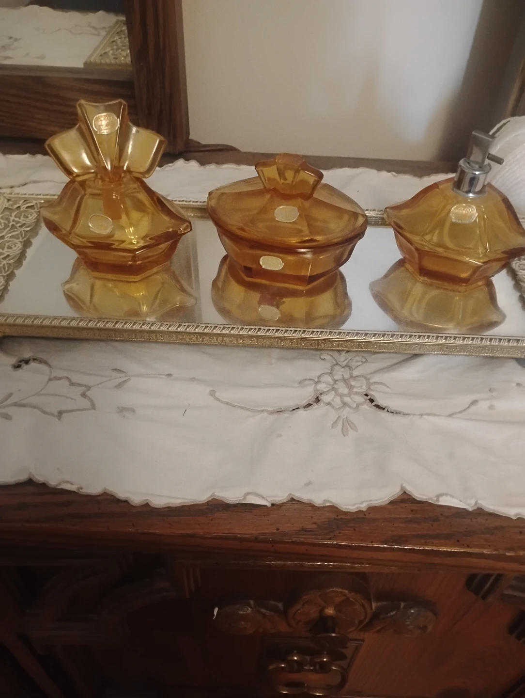 Art Deco Czech Bohemian Vintage Amber Glass Vanity Set