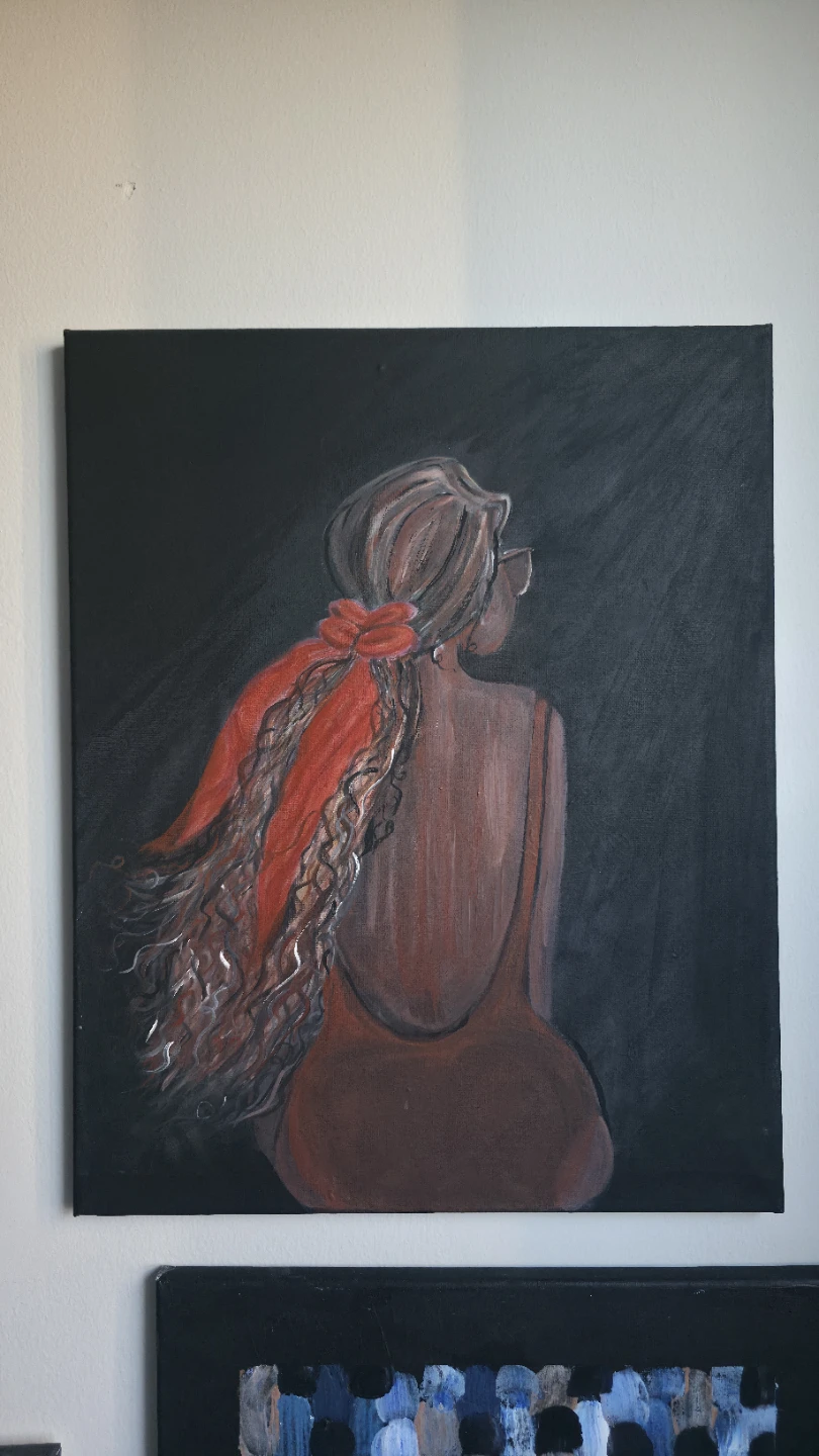 Original Canvas Painting of Woman with Red Hair Ribbon