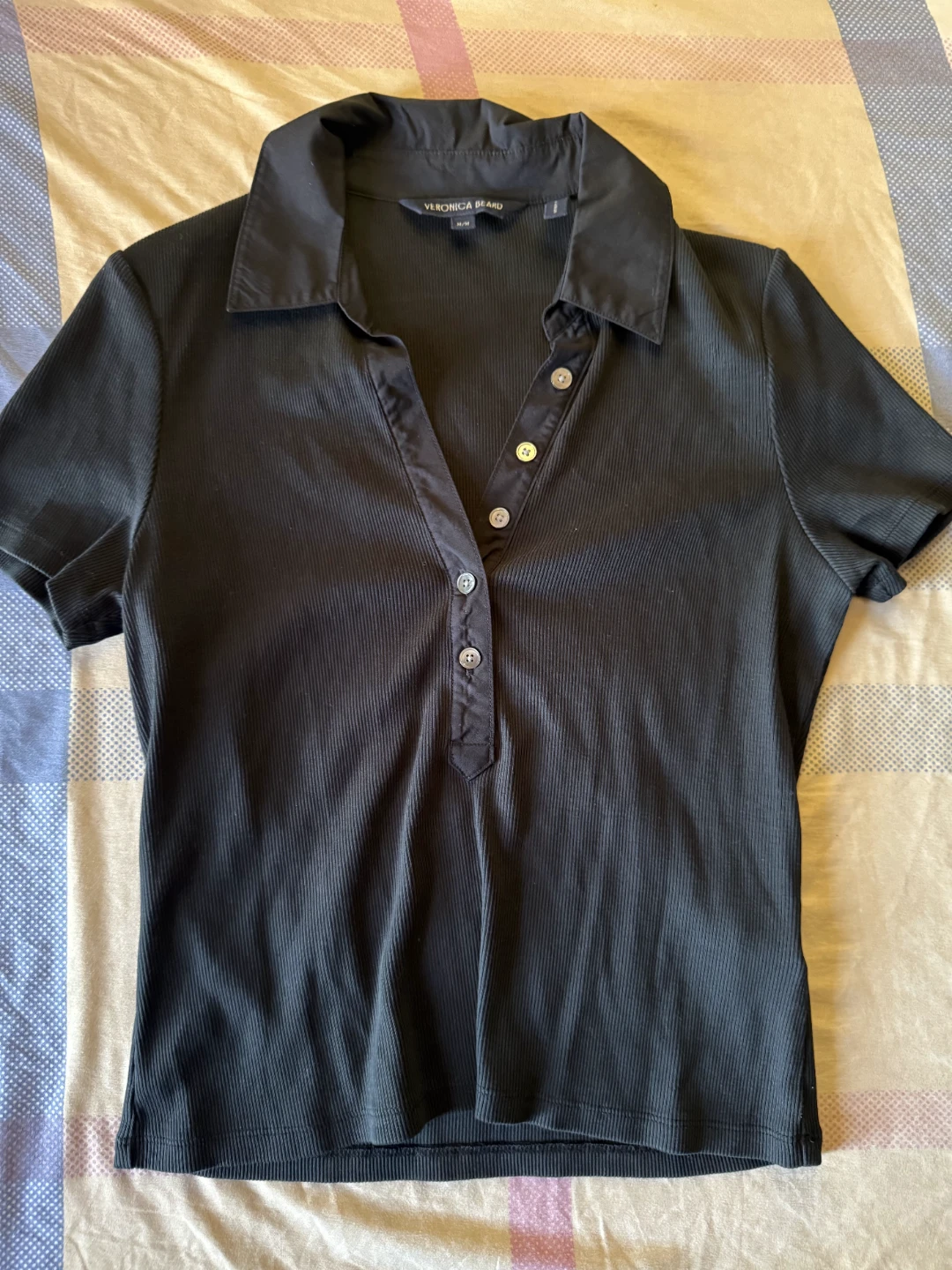 Veronica Beard Black Ribbed Polo Shirt