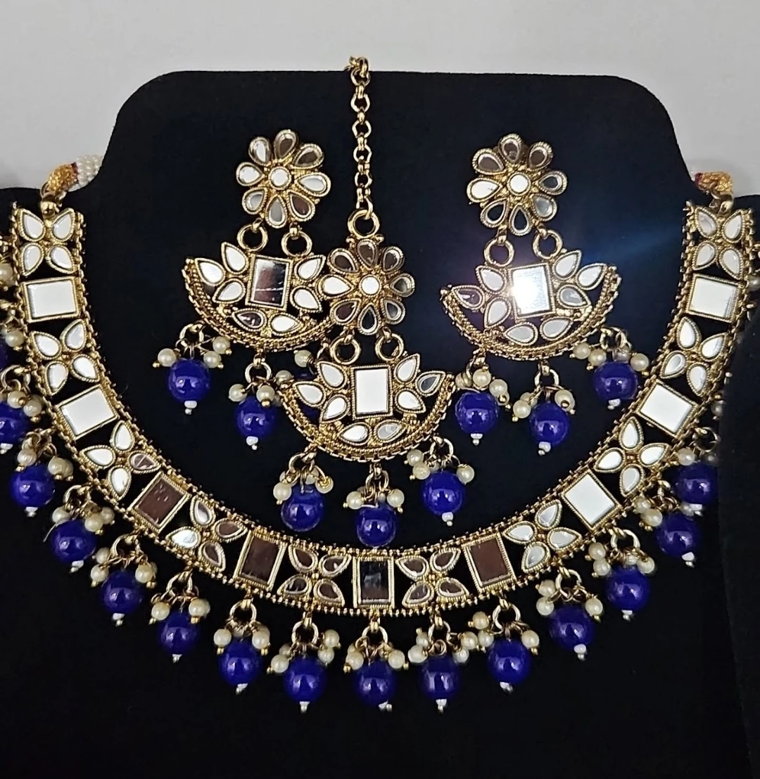 Gold-tone Mirror and Blue Bead Jewelry Set
