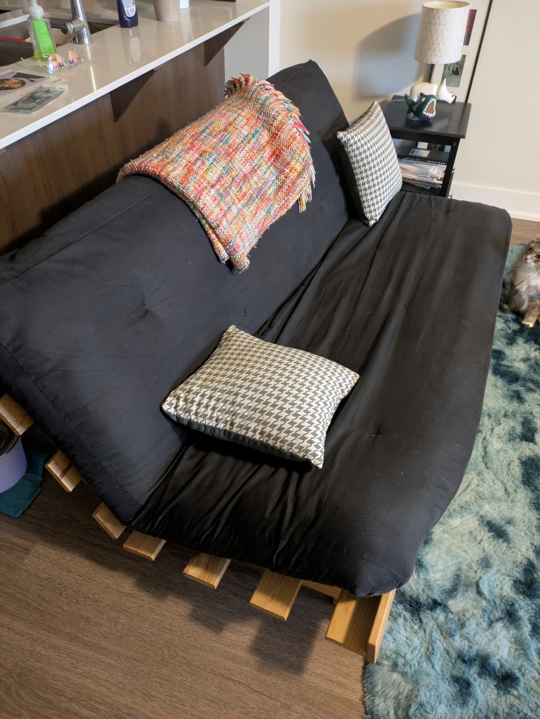 Wooden Futon Sofa with Black Mattress - photo 3