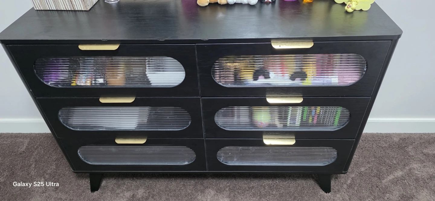 Black 6-Drawer Dresser with Fluted Glass
