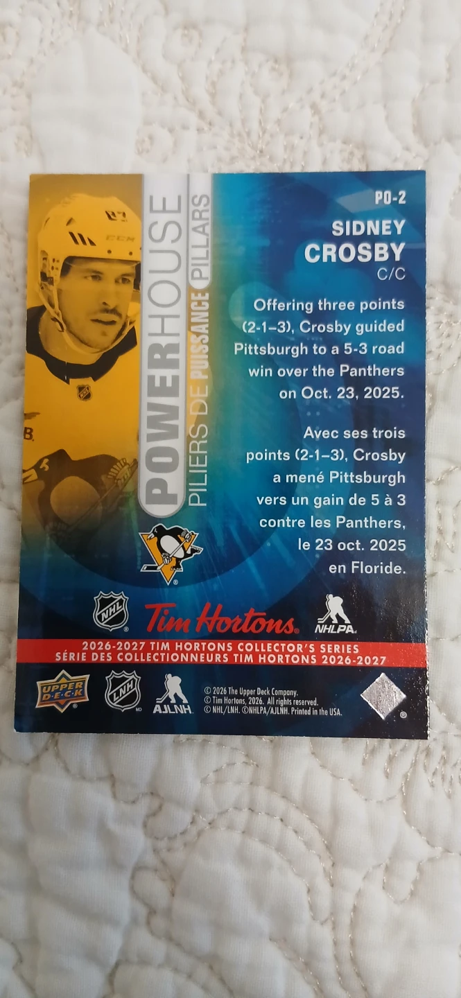 Sidney Crosby 2026-27 Tim Hortons rare Powerhouse Card 1/100 - photo 3