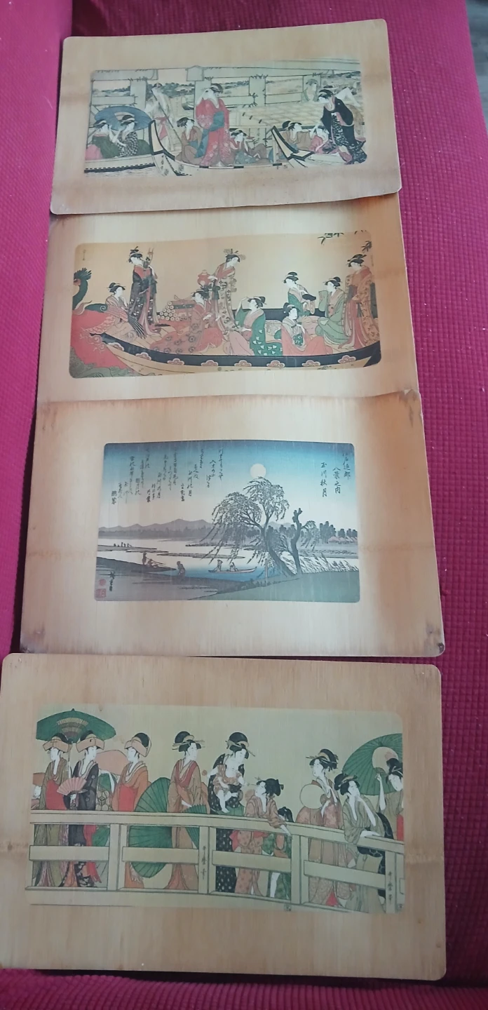 Set of Four Japanese Ukiyo-e Style Wooden Plaques