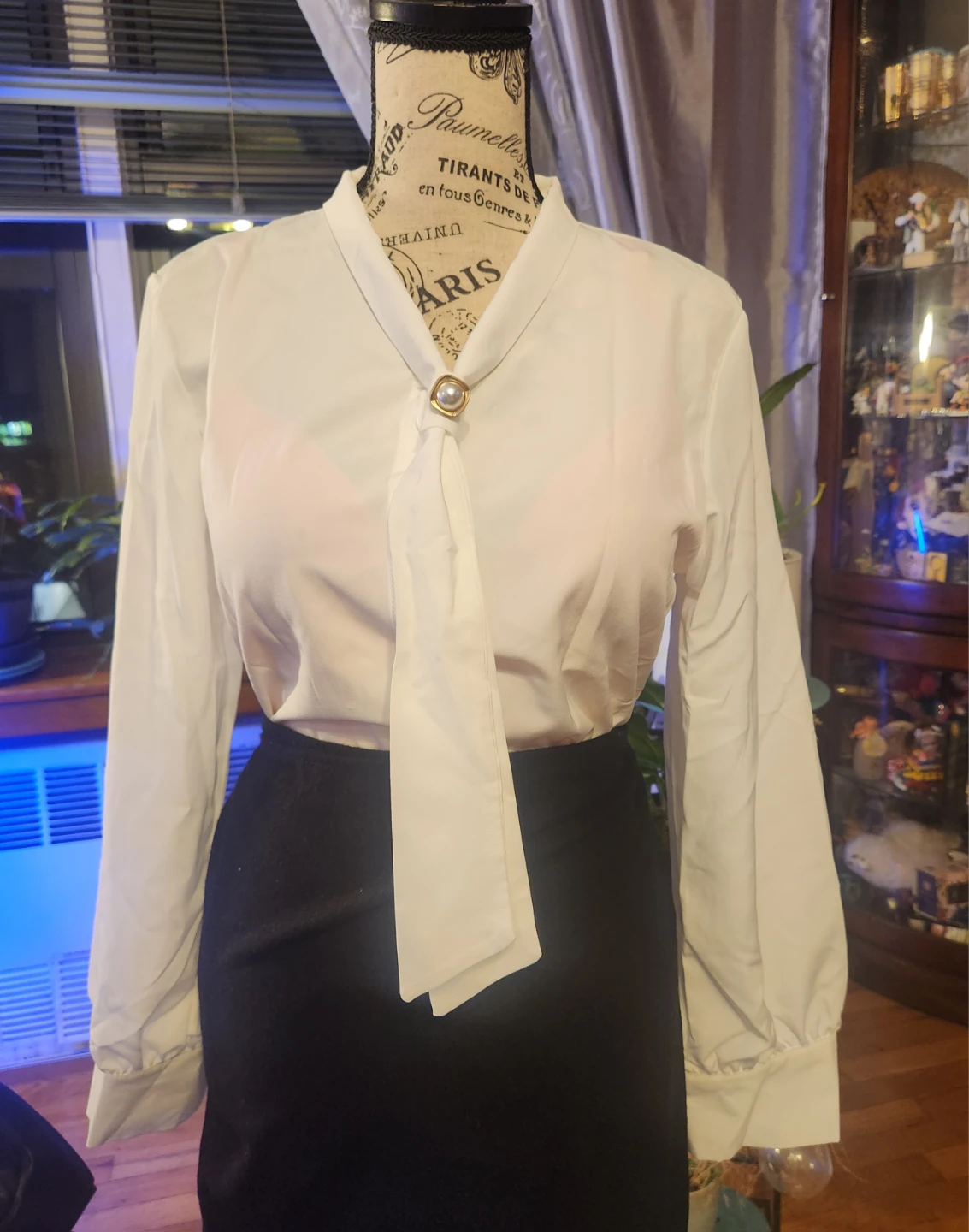 New White Long Sleeve Faux Pearl Brooch Tie Neck Blouse Top