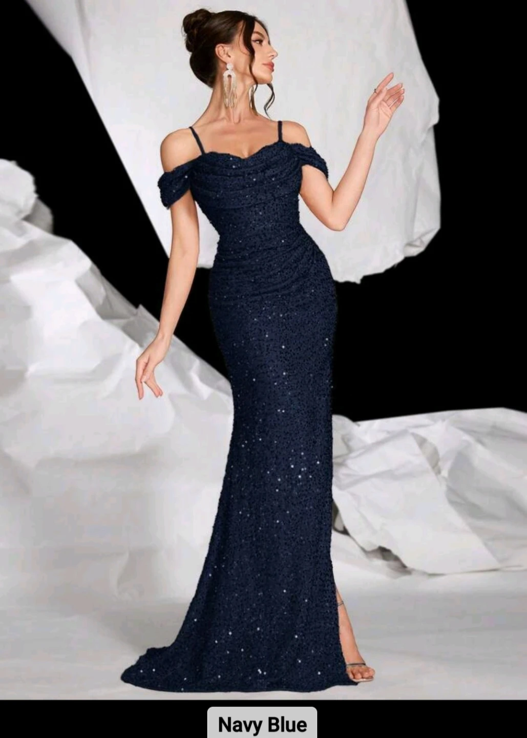 Navy Blue Sequinned Off-Shoulder Gown - photo 2