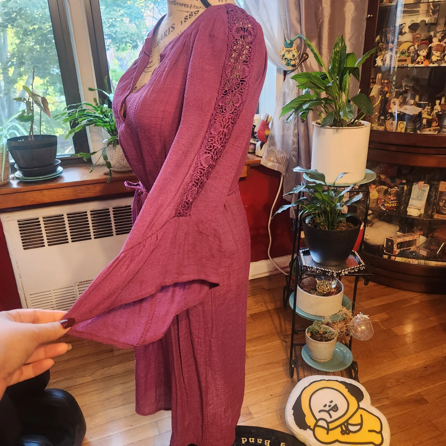 Purple Crinkle Gauze Lace Trim Bell Sleeve Boho Midi Dress - photo 3