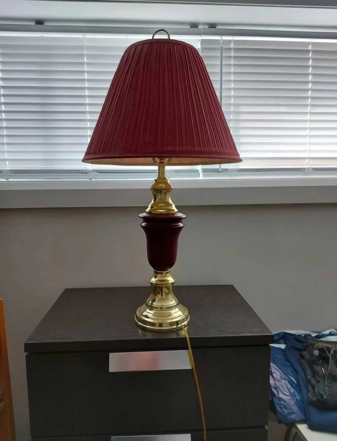 Vintage Brass Table Lamp with Red Pleated Shade