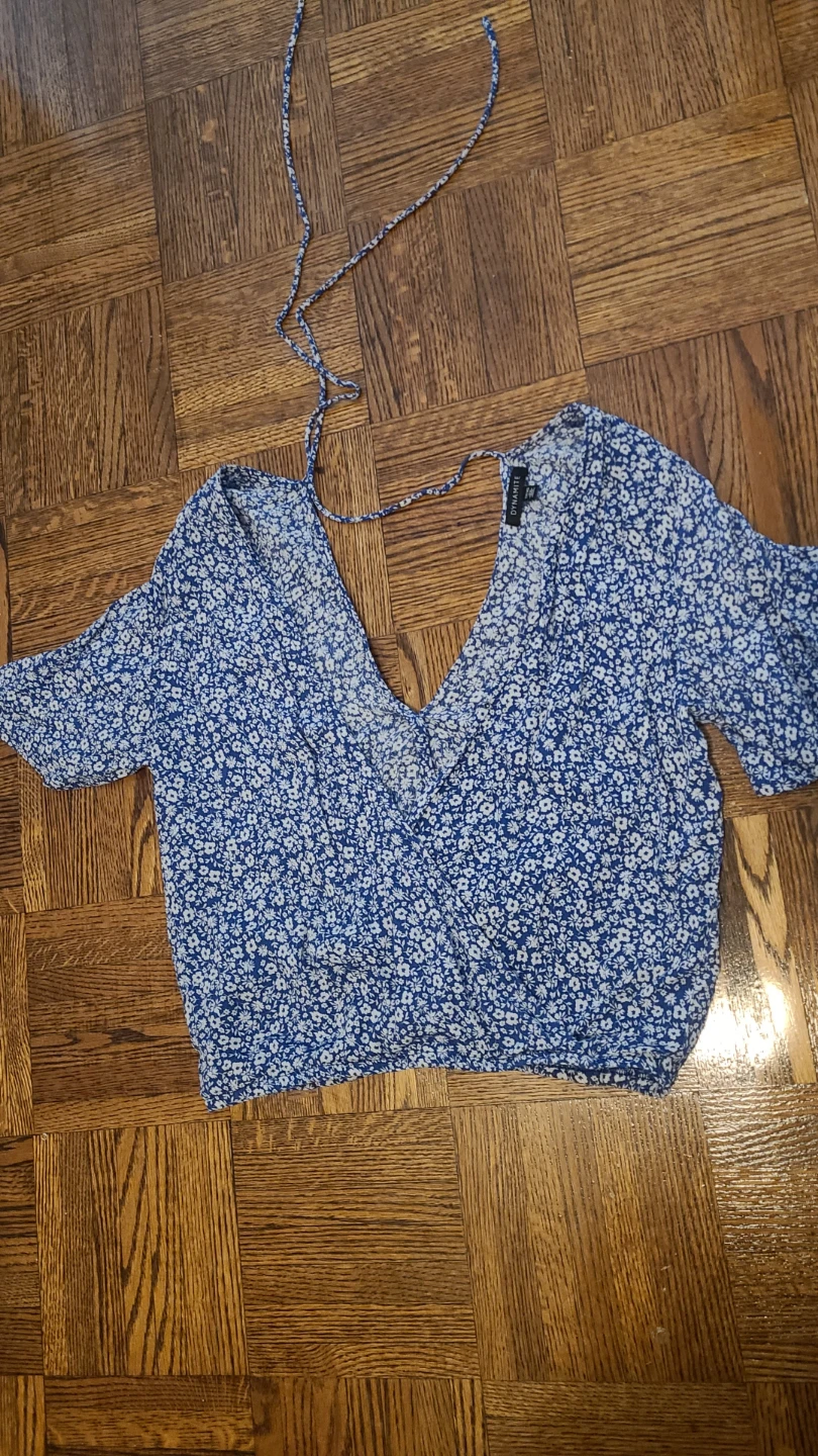 Dynamite Blue Floral Wrap Crop Top